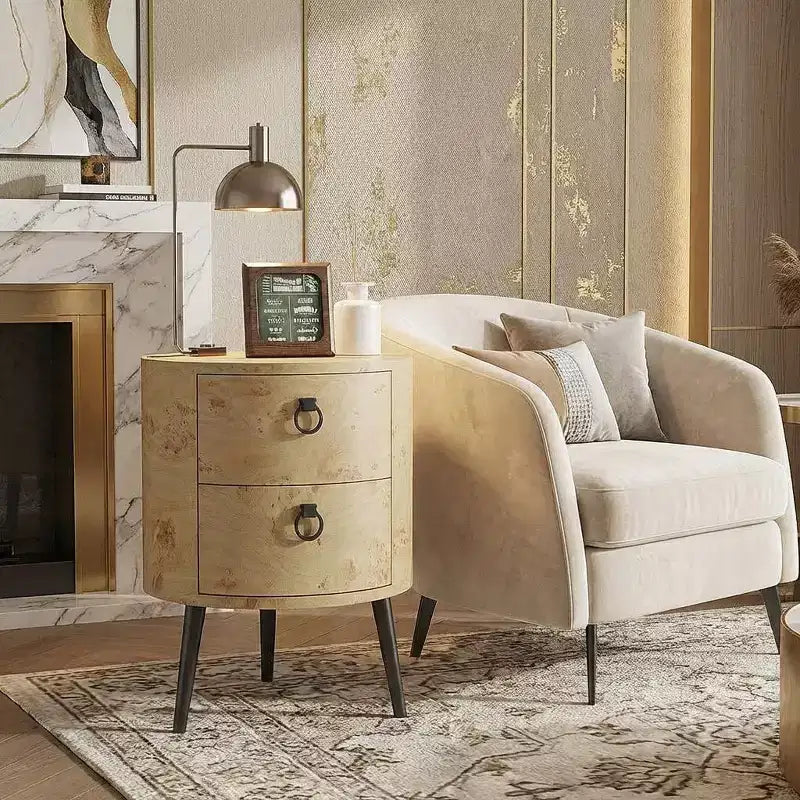 Tavolino rotondo moderno con 2 cassetti, tavolino laterale d'appoggio in legno con gambe in metallo, per camera da letto, soggiorno, appartamento