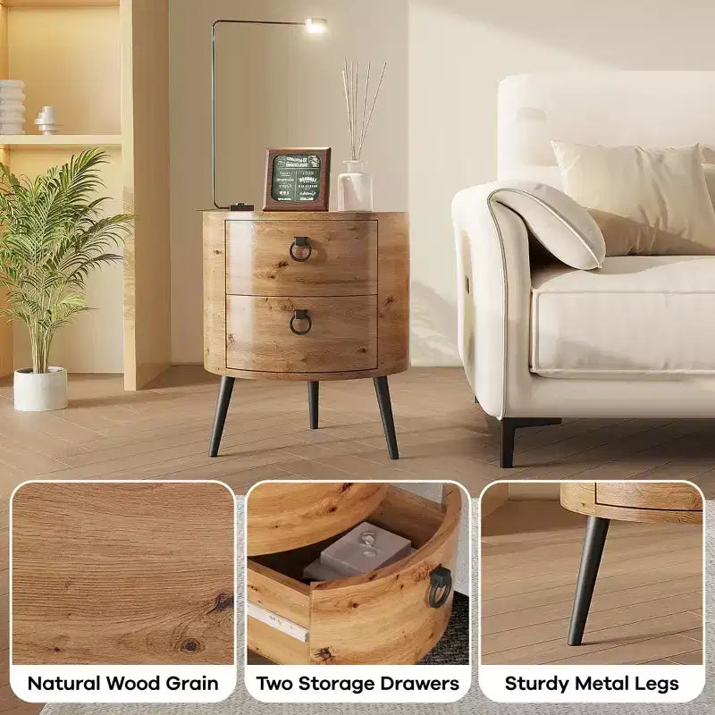 Tavolino rotondo moderno con 2 cassetti, tavolino laterale d'appoggio in legno con gambe in metallo, per camera da letto, soggiorno, appartamento