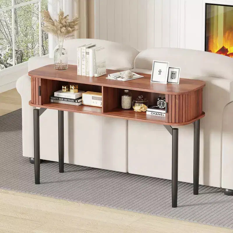 Consolle Moderna Scanalata - Tavolo Stretto da Ingresso o da Divano da 120 cm con Ante Scorrevoli e Cassetti - Ripiano Aperto - Finitura Rovere Noce