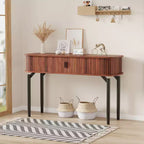 Consolle Moderna Scanalata - Tavolo Stretto da Ingresso o da Divano da 120 cm con Ante Scorrevoli e Cassetti - Ripiano Aperto - Finitura Rovere Noce