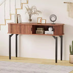 Consolle Moderna Scanalata - Tavolo Stretto da Ingresso o da Divano da 120 cm con Ante Scorrevoli e Cassetti - Ripiano Aperto - Finitura Rovere Noce