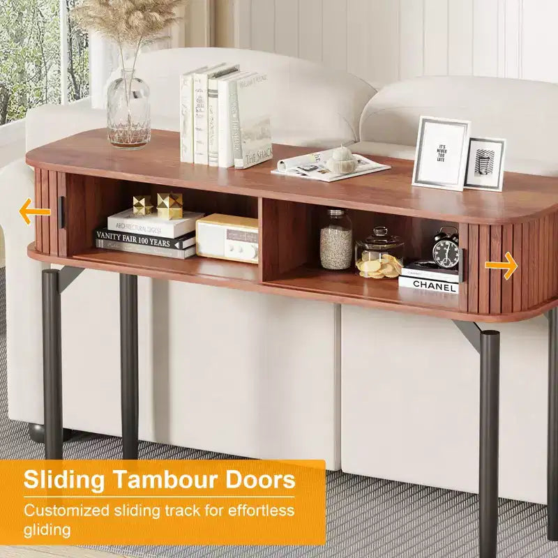 Consolle Moderna Scanalata - Tavolo Stretto da Ingresso o da Divano da 120 cm con Ante Scorrevoli e Cassetti - Ripiano Aperto - Finitura Rovere Noce