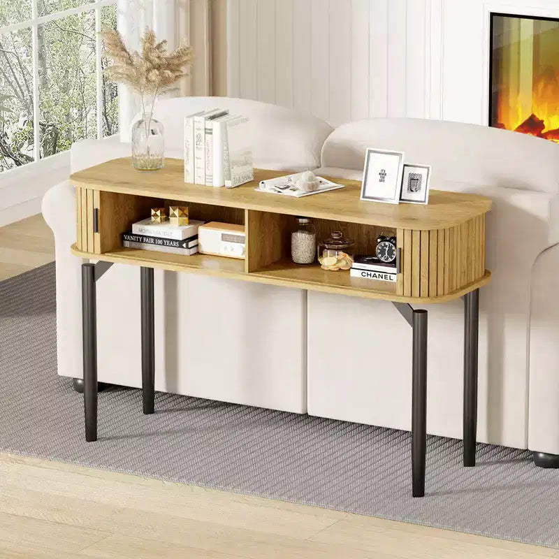Consolle Moderna Scanalata - Tavolo Stretto da Ingresso o da Divano da 120 cm con Ante Scorrevoli e Cassetti - Ripiano Aperto - Finitura Rovere Noce