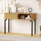 Consolle Moderna Scanalata - Tavolo Stretto da Ingresso o da Divano da 120 cm con Ante Scorrevoli e Cassetti - Ripiano Aperto - Finitura Rovere Noce