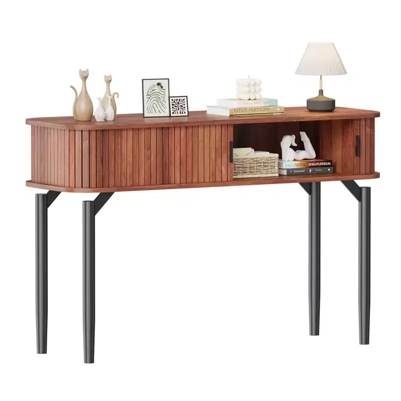 Consolle Moderna Scanalata - Tavolo Stretto da Ingresso o da Divano da 120 cm con Ante Scorrevoli e Cassetti - Ripiano Aperto - Finitura Rovere Noce