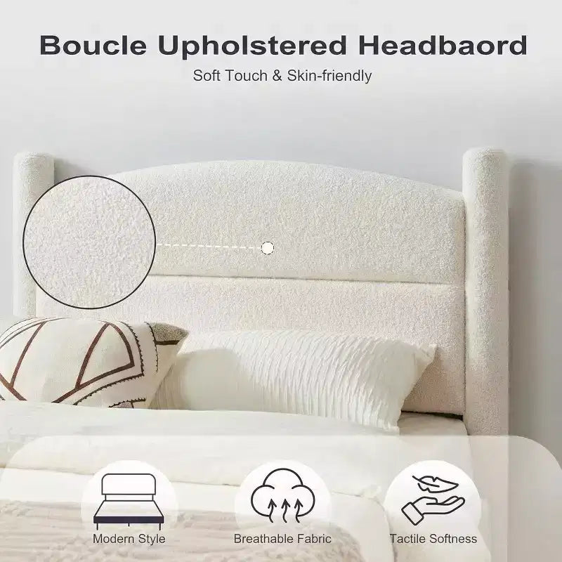 GustoWave Letto a Piattaforma Cloud Imbottito in Bouclé, Nessun Box Spring Necessario