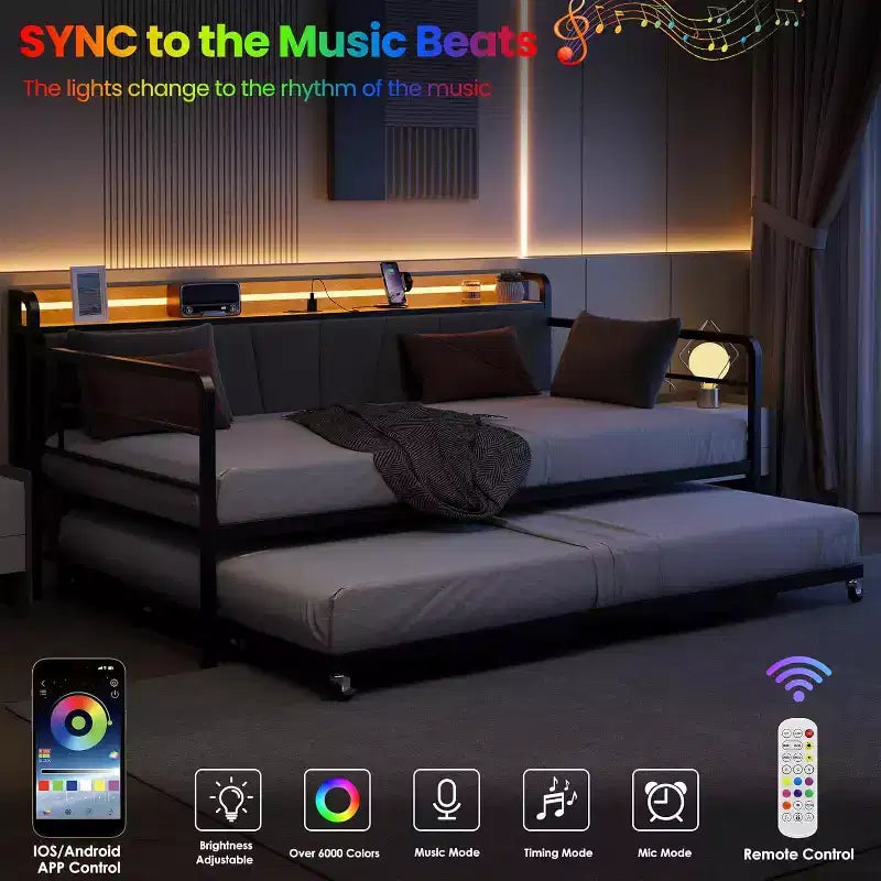 Struttura Divano Letto a Giorno Doppio GustoWave con Luci LED, Stazione di Ricarica, Testiera Contenitore, Letto Estraibile Pop-Up
