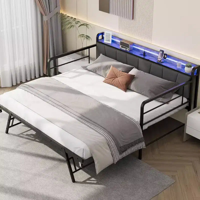 Struttura Divano Letto a Giorno Doppio GustoWave con Luci LED, Stazione di Ricarica, Testiera Contenitore, Letto Estraibile Pop-Up