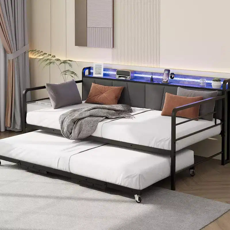 GustoWave Twin Daybed Frame with LED Lights Charging Station Storage Headboard, Pop Up Trundle