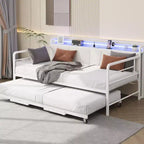 Struttura Divano Letto a Giorno Doppio GustoWave con Luci LED, Stazione di Ricarica, Testiera Contenitore, Letto Estraibile Pop-Up