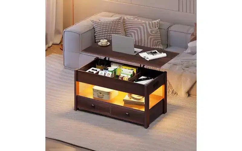 DEXYLLO Tavolino da caffè, Tavolino Salotto Trasformabile con 2 Cassetti, Luce LED, Ampio Spazio di Archiviazione e Ripiano Aperto