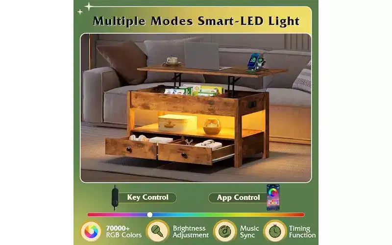 DEXYLLO Tavolino da caffè, Tavolino Salotto Trasformabile con 2 Cassetti, Luce LED, Ampio Spazio di Archiviazione e Ripiano Aperto