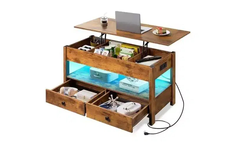 DEXYLLO Tavolino da caffè, Tavolino Salotto Trasformabile con 2 Cassetti, Luce LED, Ampio Spazio di Archiviazione e Ripiano Aperto