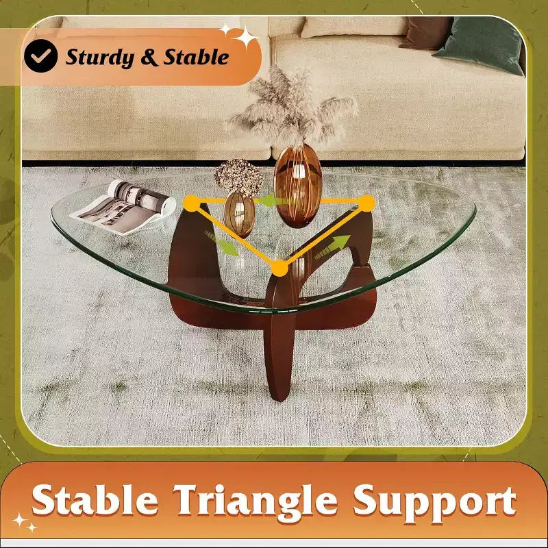 DEXYLLO Tavolino da Salotto, Tavolino Basso in Vetro con Gambe in Legno Massello, Tavolino da Salotto Triangolare Mid Century da 36