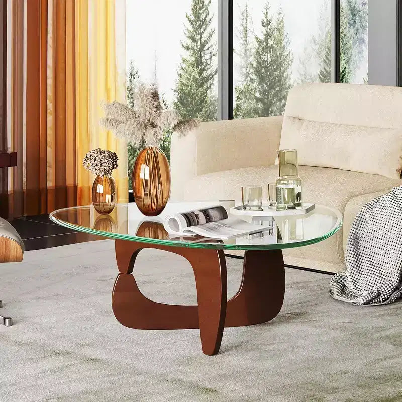 DEXYLLO Tavolino da Salotto, Tavolino Basso in Vetro con Gambe in Legno Massello, Tavolino da Salotto Triangolare Mid Century da 36