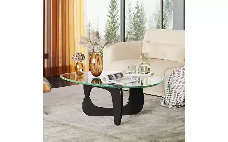 DEXYLLO Coffee Table, Small Glass Coffee Table with Solid Wood Legs, 36 Mid Century Triangle Living Room Tables