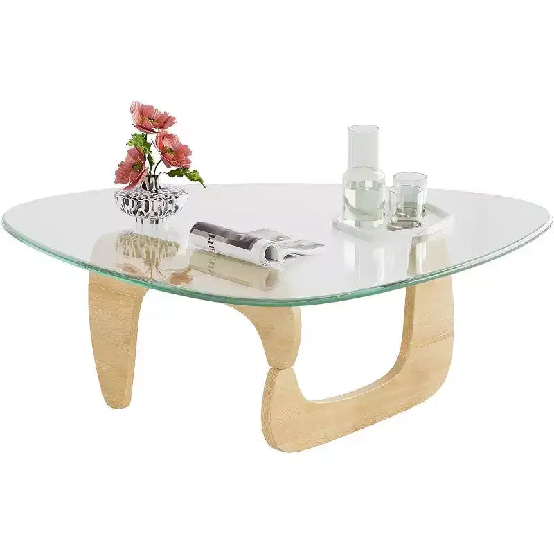 DEXYLLO Tavolino da Salotto, Tavolino Basso in Vetro con Gambe in Legno Massello, Tavolino da Salotto Triangolare Mid Century da 36