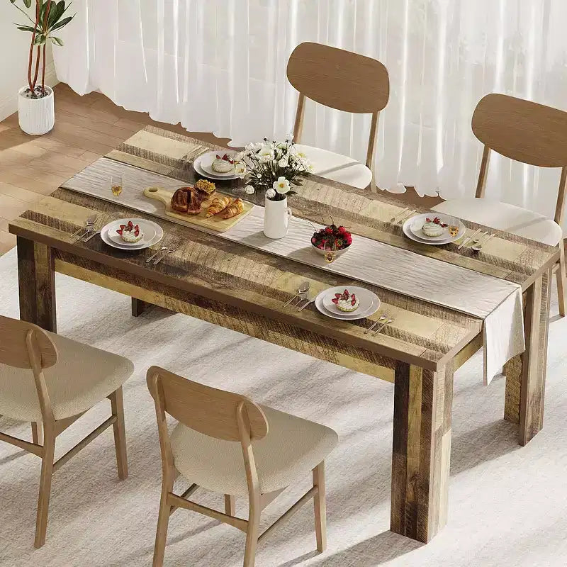 LinTimes 71, tavolo da pranzo rettangolare in stile rustico per 4-6 persone, in legno con struttura ispessita robusta, base a listelli in legno e gambe più larghe per cucina e appartamento