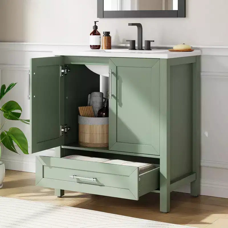 Mobile Bagno Monoblocco Moderno con Lavabo Singolo in Ceramica - Mobiletto con Ante e Cassetti a Chiusura Ammortizzata