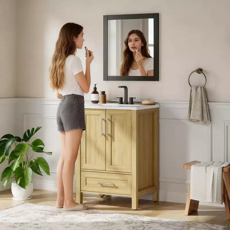 Mobile Bagno Monoblocco Moderno con Lavabo Singolo in Ceramica - Mobiletto con Ante e Cassetti a Chiusura Ammortizzata