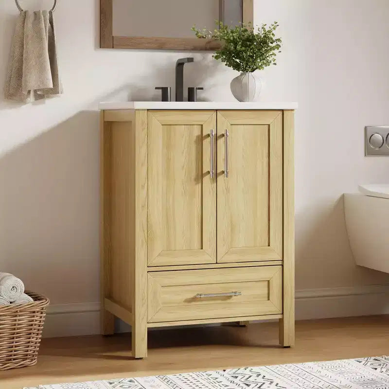Mobile Bagno Monoblocco Moderno con Lavabo Singolo in Ceramica - Mobiletto con Ante e Cassetti a Chiusura Ammortizzata