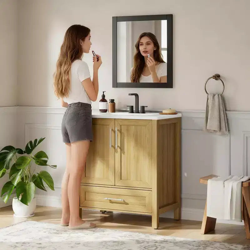Mobile Bagno Monoblocco Moderno con Lavabo Singolo in Ceramica - Mobiletto con Ante e Cassetti a Chiusura Ammortizzata