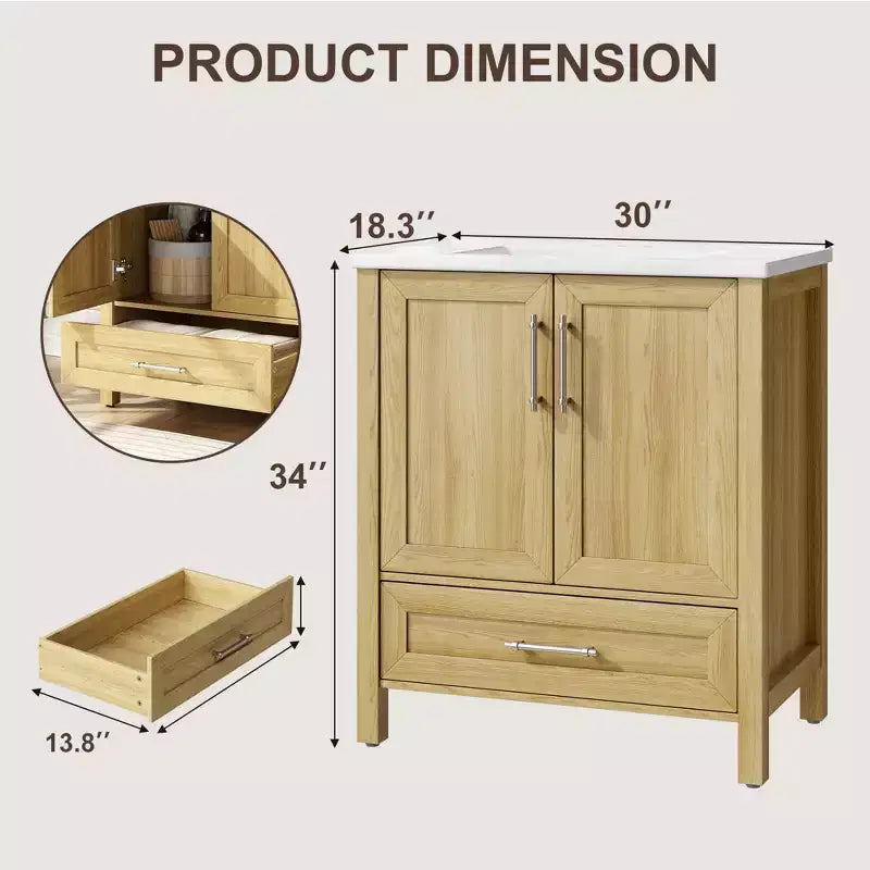 Mobile Bagno Monoblocco Moderno con Lavabo Singolo in Ceramica - Mobiletto con Ante e Cassetti a Chiusura Ammortizzata
