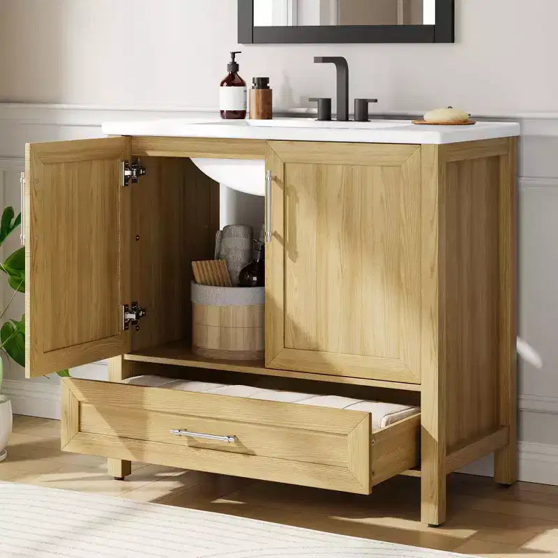 Mobile Bagno Monoblocco Moderno con Lavabo Singolo in Ceramica - Mobiletto con Ante e Cassetti a Chiusura Ammortizzata