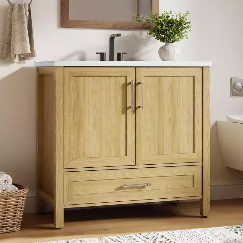 Mobile Bagno Monoblocco Moderno con Lavabo Singolo in Ceramica - Mobiletto con Ante e Cassetti a Chiusura Ammortizzata