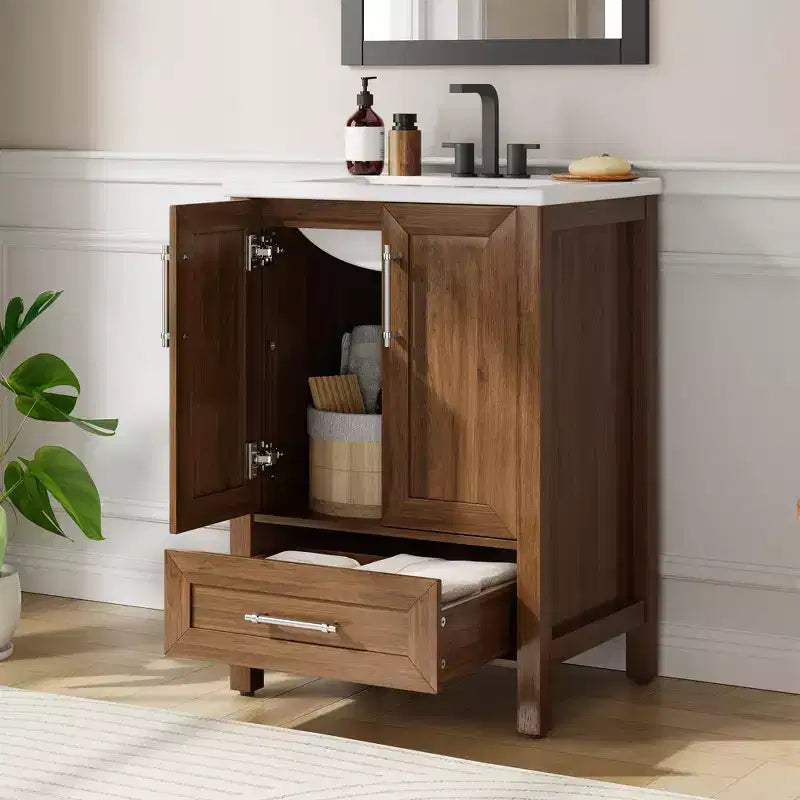 Mobile Bagno Monoblocco Moderno con Lavabo Singolo in Ceramica - Mobiletto con Ante e Cassetti a Chiusura Ammortizzata
