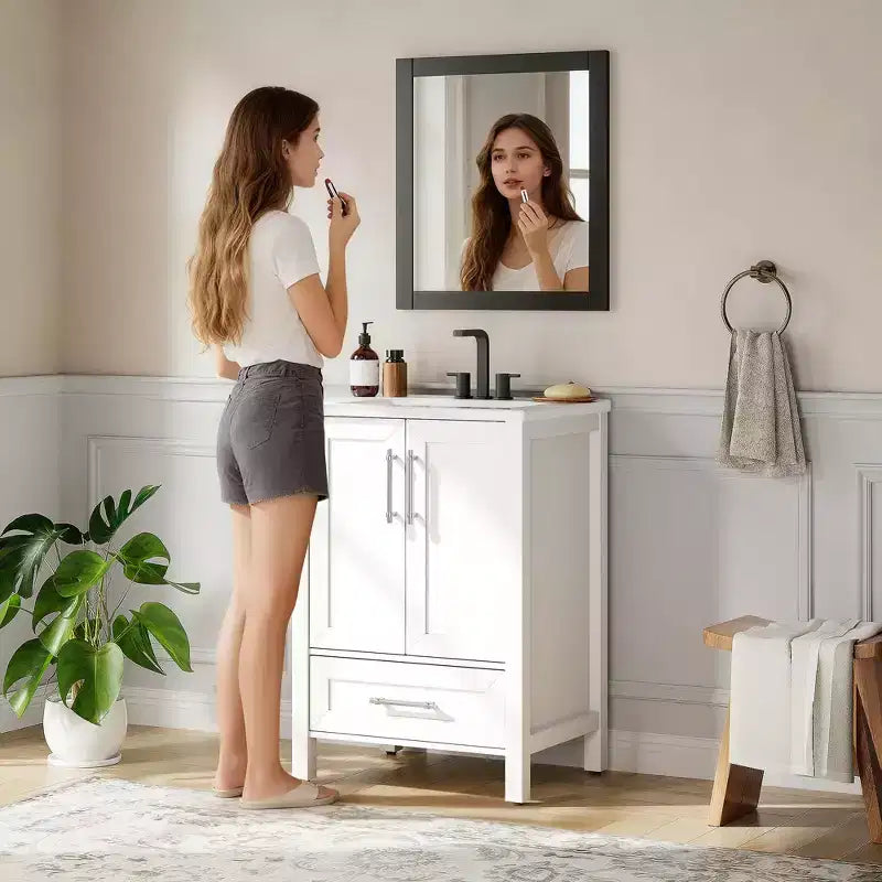 Mobile Bagno Monoblocco Moderno con Lavabo Singolo in Ceramica - Mobiletto con Ante e Cassetti a Chiusura Ammortizzata