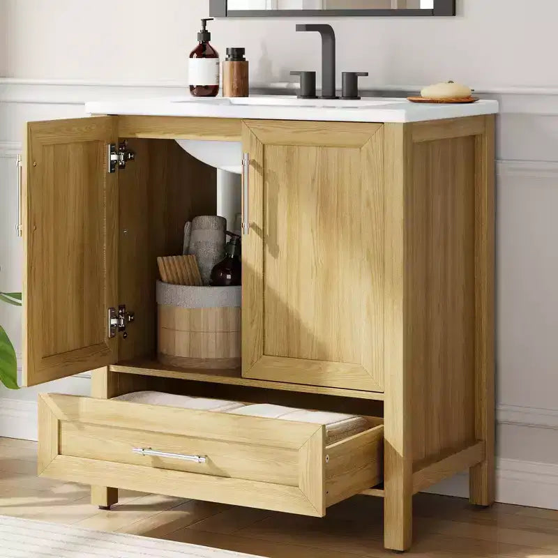 Mobile Bagno Monoblocco Moderno con Lavabo Singolo in Ceramica - Mobiletto con Ante e Cassetti a Chiusura Ammortizzata