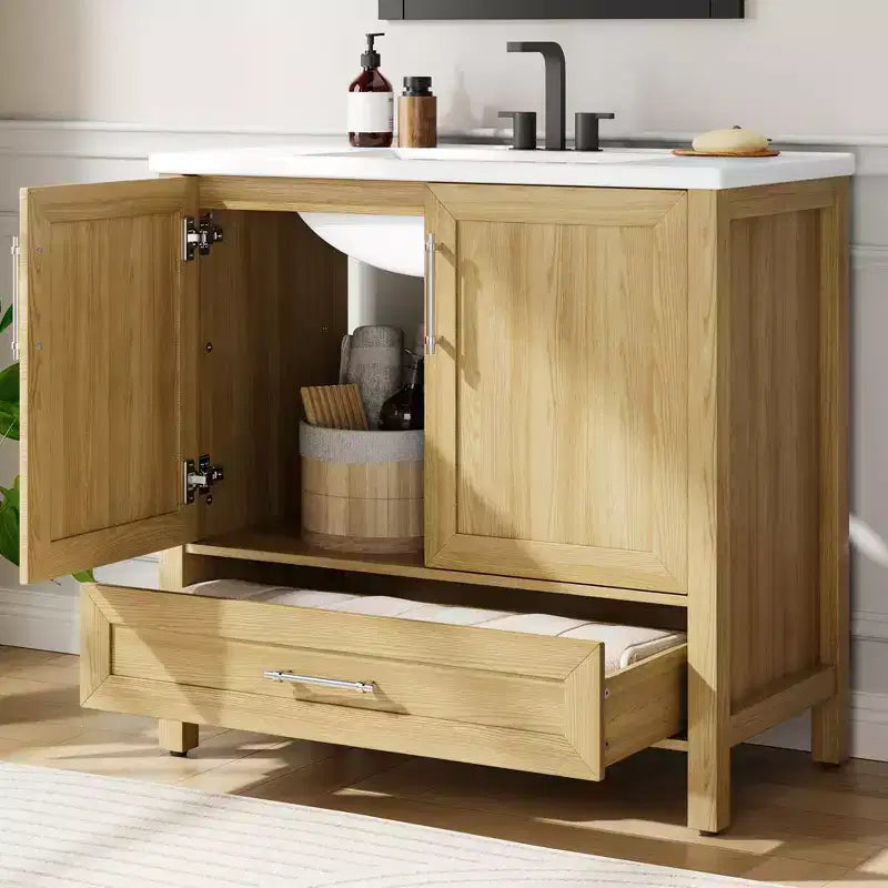 Mobile Bagno Monoblocco Moderno con Lavabo Singolo in Ceramica - Mobiletto con Ante e Cassetti a Chiusura Ammortizzata