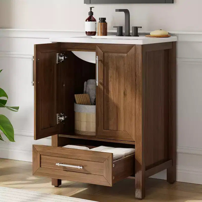 Mobile Bagno Monoblocco Moderno con Lavabo Singolo in Ceramica - Mobiletto con Ante e Cassetti a Chiusura Ammortizzata