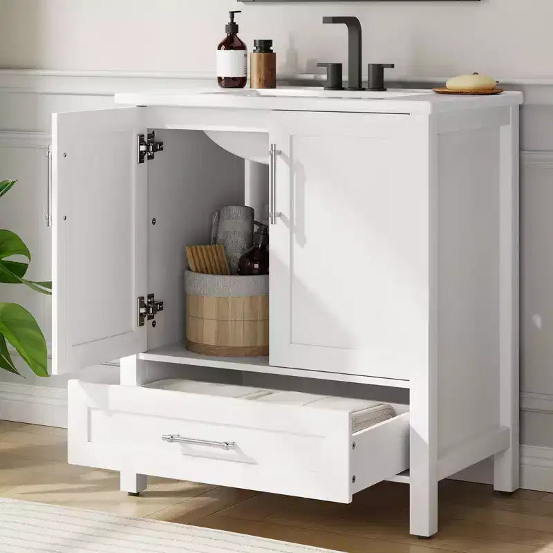 Mobile Bagno Monoblocco Moderno con Lavabo Singolo in Ceramica - Mobiletto con Ante e Cassetti a Chiusura Ammortizzata