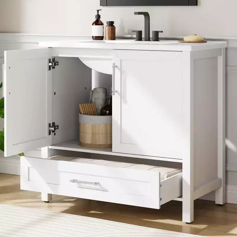 Mobile Bagno Monoblocco Moderno con Lavabo Singolo in Ceramica - Mobiletto con Ante e Cassetti a Chiusura Ammortizzata