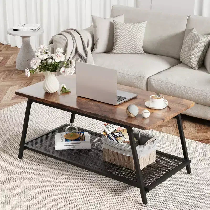 2-Tier Rectangular Wood Coffee Table with Storage Shelf and Rounded Corners, Brown Center Table for Living Room