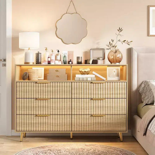 47.2 Wide Drawers Dresser with Gold Handle, Lights and Charging Station for Bedroom
