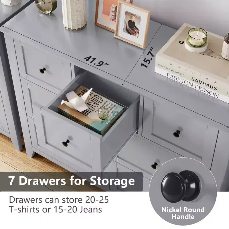 Cassettiera moderna a 7 cassetti in legno con maniglie rotonde, cassetti profondi per un ampio contenimento, per camera da letto, soggiorno o ingresso