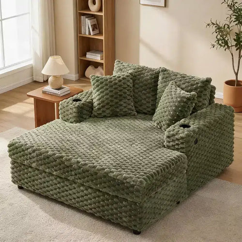 60 Inch Oversized Indoor Chaise Lounge, Upholstered Sleeper Sofa with Pillows & Armrests, Cozy Reading Chair for Living Room Bedroom, Green