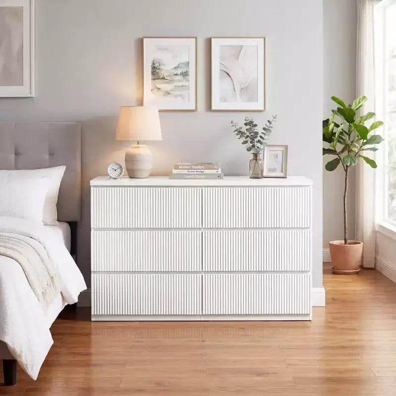 JVNOXK Comò Moderno Bianco a 6 Cassetti con Pannelli Frontali Ondulati, Cassettiera Spaziosa per Camera da Letto e Soggiorno