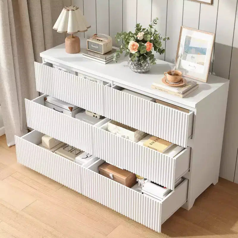 JVNOXK Comò Moderno Bianco a 6 Cassetti con Pannelli Frontali Ondulati, Cassettiera Spaziosa per Camera da Letto e Soggiorno