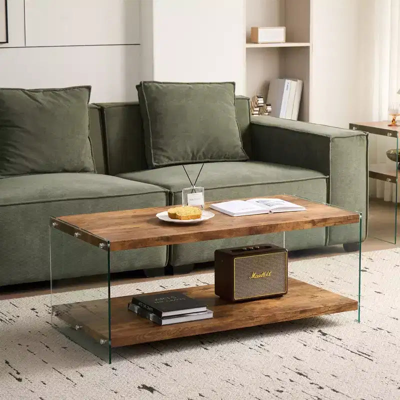 GDFStudio Gibson Tavolino da caffè moderno in legno e vetro temperato con ripiano aperto