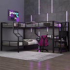 Metal L-Shaped Bunk Bed Twin over Full with USB, Twin Size Loft Bed with Desk and Built-in Wardrobe, Black