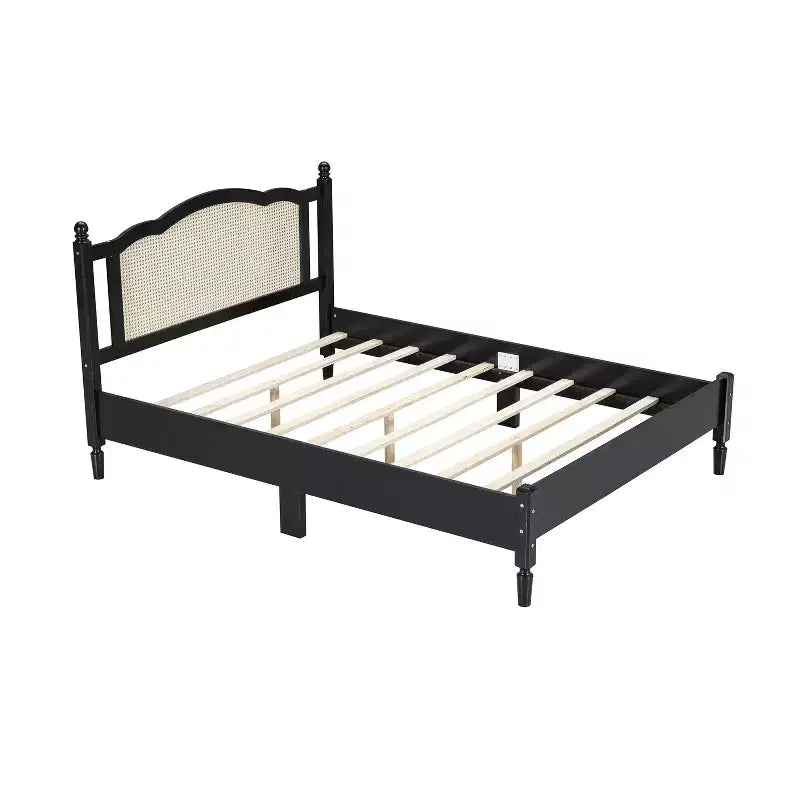 FAMYYT Letto Matrimoniale con Piattaforma in Legno, Testiera in Rattan Naturale e Supporto a Doghe in Legno, Facile da Montare