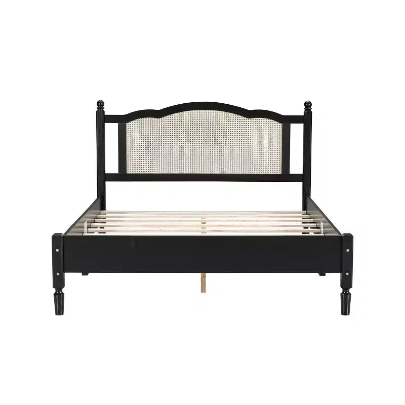 FAMYYT Letto Matrimoniale con Piattaforma in Legno, Testiera in Rattan Naturale e Supporto a Doghe in Legno, Facile da Montare