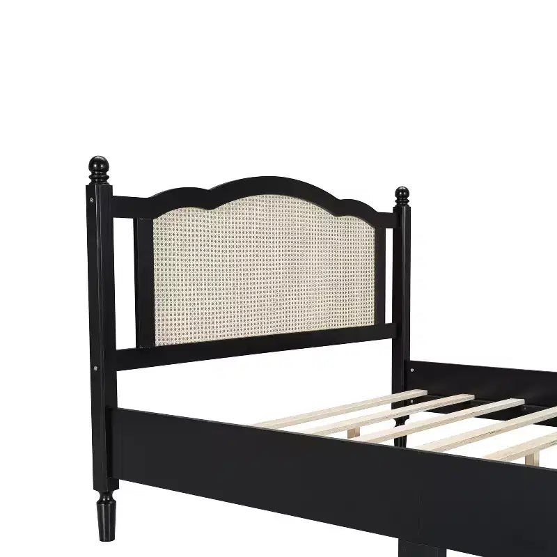FAMYYT Letto Matrimoniale con Piattaforma in Legno, Testiera in Rattan Naturale e Supporto a Doghe in Legno, Facile da Montare