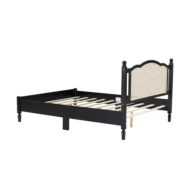 FAMYYT Letto Matrimoniale con Piattaforma in Legno, Testiera in Rattan Naturale e Supporto a Doghe in Legno, Facile da Montare