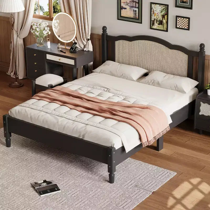 FAMYYT Letto Matrimoniale con Piattaforma in Legno, Testiera in Rattan Naturale e Supporto a Doghe in Legno, Facile da Montare