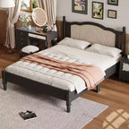 FAMYYT Letto Matrimoniale con Piattaforma in Legno, Testiera in Rattan Naturale e Supporto a Doghe in Legno, Facile da Montare